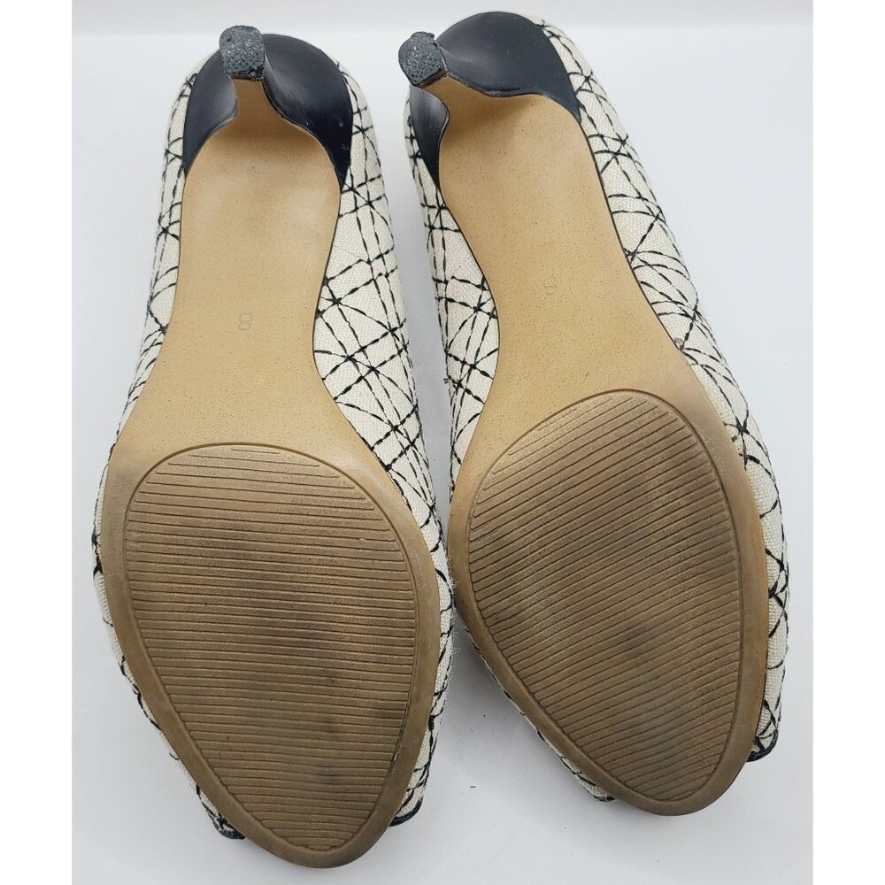 Coach And Four Beige & Black Geometric Peep-Toe Heels Size 8 Canvas 3" Stiletto - Picture 13 of 15